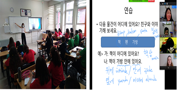 방과후 한국어 과정 대면 수업 장면(왼쪽), 온라인 방과후 수업.