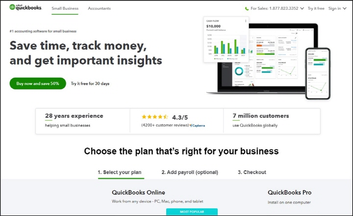 ▲ 미국의 회계프로그램(출처: 퀵북 홈페이지, 인터넷 검색 2022.7.21. https://quickbooks.intuit.com/)