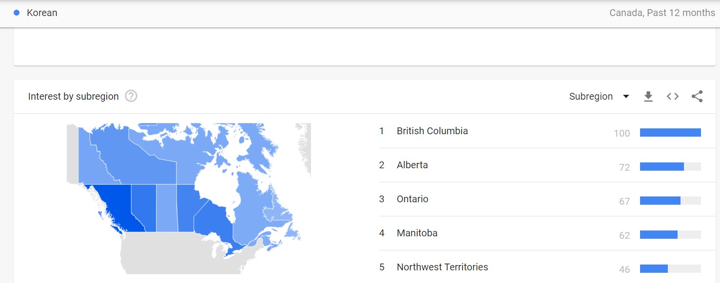 <검색어 'KOREAN'의 지역적 편차 - 출처 : 구글 트렌드 화면 캡처>