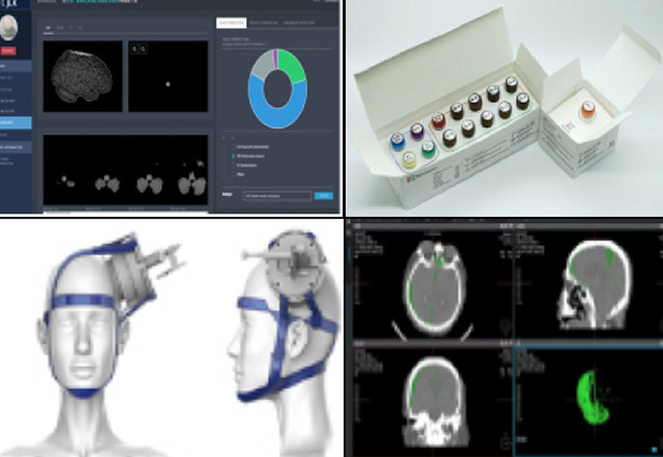 (왼쪽 위부터 시계방향으로)혁신의료기기로 지정된  제이엘케이의 뇌영상검출·진단보조소프트웨어, 노보믹스의 종양관련유전자검사시약, 코어라인소프트의 뇌영상검출·진단보조소프트웨어, 뉴로소나의 집속형초음파 자극시스템. (사진=보건복지부)