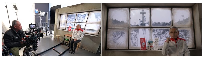 유인촌 문화체육관광부 장관이 11일 경기 일산 엑스온스튜디오에서 열린 방송영상콘텐츠 제작사 현장 간담회에 앞서 버추얼 스튜디오에서 직접 촬영을 해보고 있다. 사진 왼쪽부터 촬영 모습, 촬영 결과물 캡처 화면. (사진=문화체육관광부)