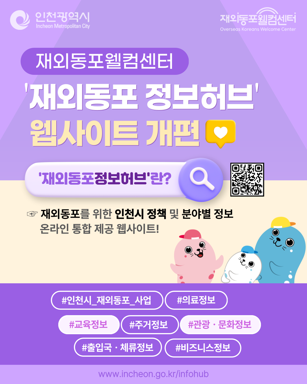 재외동포웰컴센터 '재외동포 정보허브' 웹사이트 개편 '재외동포정보허브'란? 재외동포를 위한 인천시 정책 및 분야별 정보 온라인 통합 제공 웹사이트